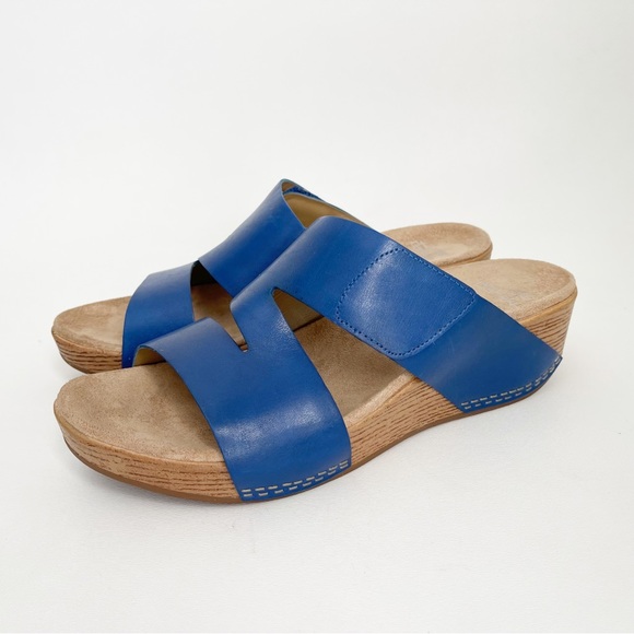 Dansko Lacee Platform Sandal Slide Shoe Cobalt Blue Burnished Leather Open Toe - Picture 5 of 12